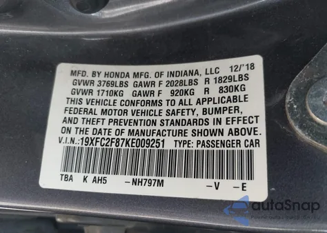 2019 Honda Civic Sport из США, поврежденный, VIN 19XFC2F87KE009251